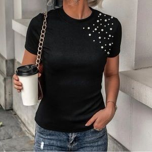 NEW Shein black women’s shirt with pearl details-size small